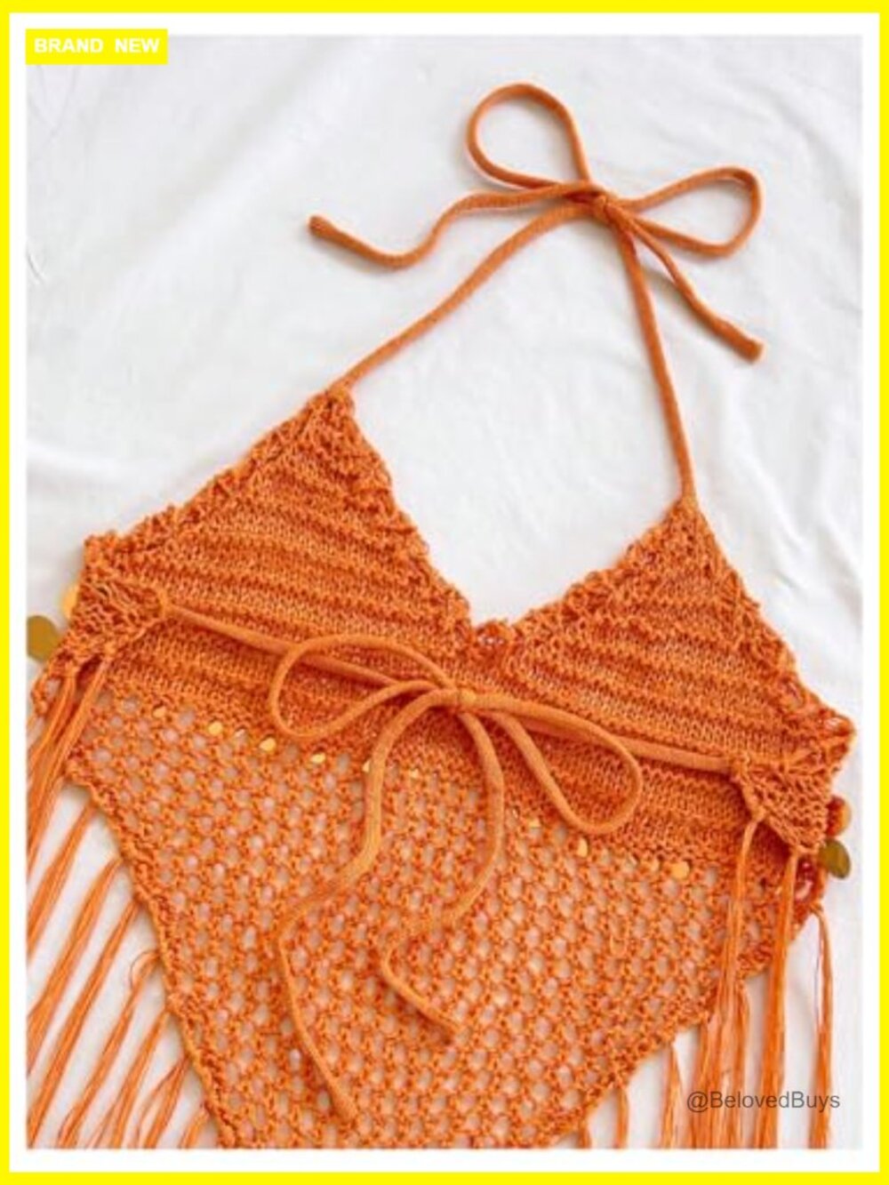 Sequin Hollow Out Crochet Crop Halter Top Boho Tie Backless Fringe - Picture 4 of 5